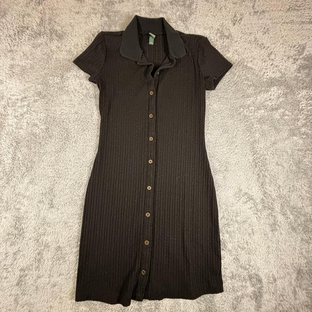 Wild Fable Black Ribbed Button Down Polo Mini Dress Short Sleeve Small